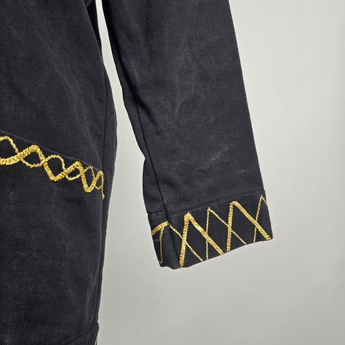 Vintage Statement Black Denim Coat Gold Embroidered Jacket Size L Artistic Boho