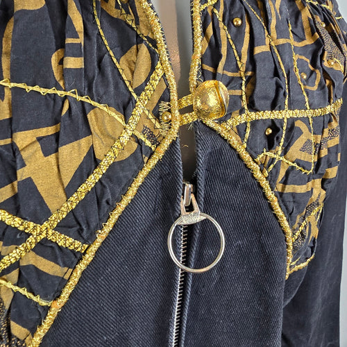 Vintage Statement Black Denim Coat Gold Embroidered Jacket Size L Artistic Boho