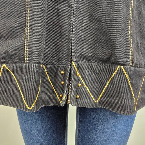 Vintage Statement Black Denim Coat Gold Embroidered Jacket Size L Artistic Boho