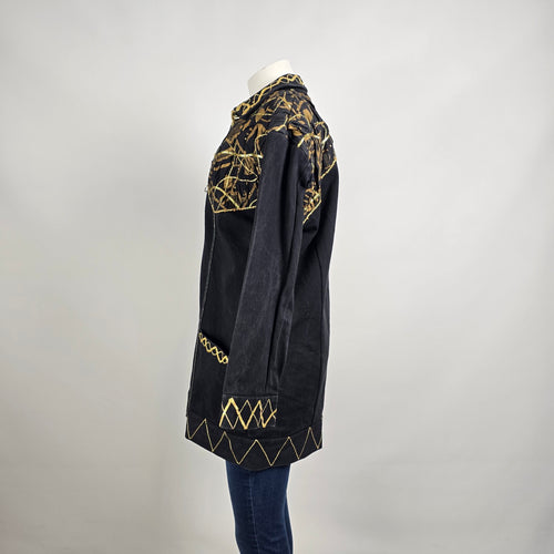 Vintage Statement Black Denim Coat Gold Embroidered Jacket Size L Artistic Boho