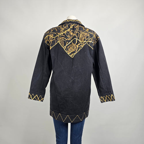 Vintage Statement Black Denim Coat Gold Embroidered Jacket Size L Artistic Boho