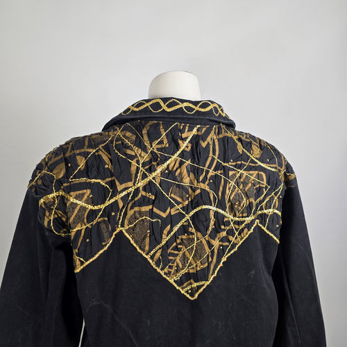 Vintage Statement Black Denim Coat Gold Embroidered Jacket Size L Artistic Boho