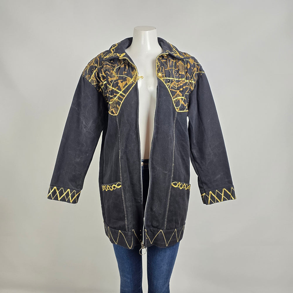 Vintage Statement Black Denim Coat Gold Embroidered Jacket Size L Artistic Boho
