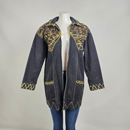 Vintage Statement Black Denim Coat Gold Embroidered Jacket Size L Artistic Boho