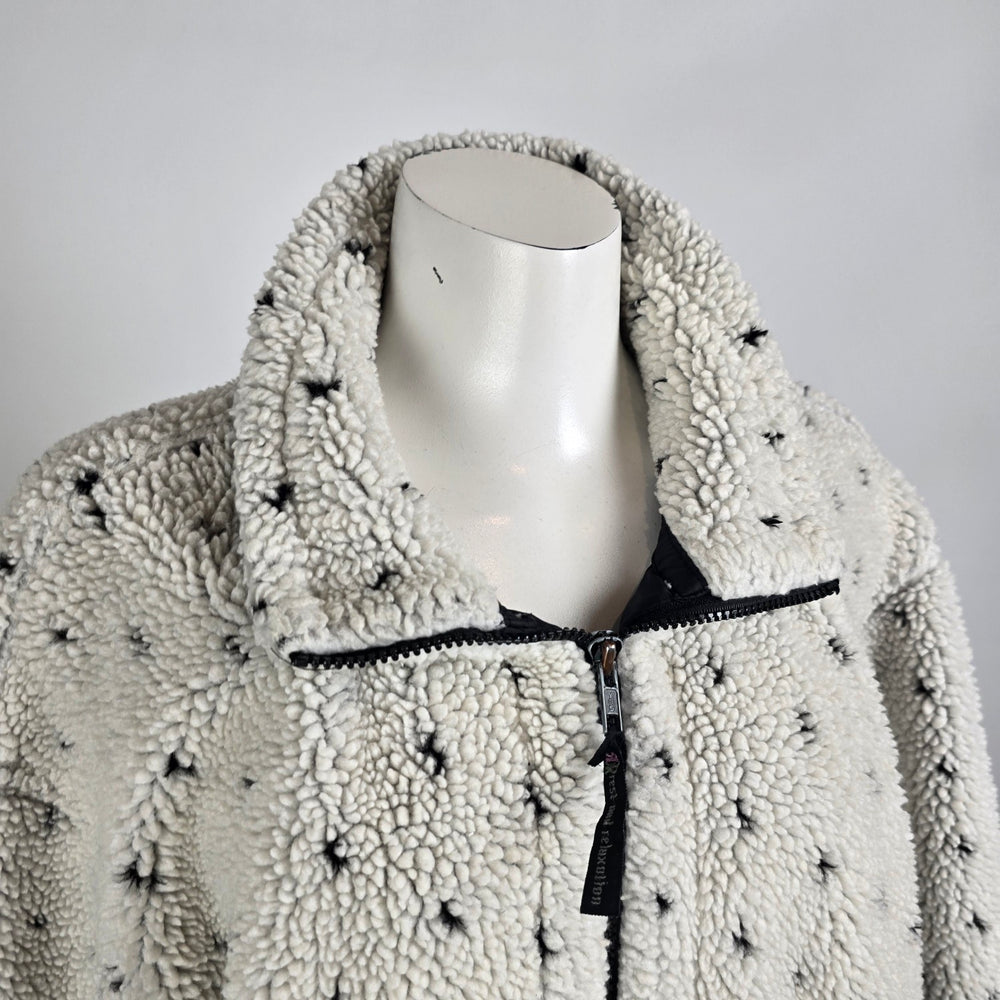 Vintage Rest & Relaxation Sherpa Jacket Size L Cozy Fleece Cabin Print Zip