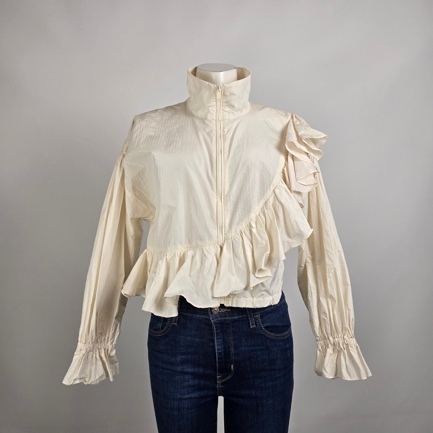 Zara Ruffle Crop Jacket Top Cream Romantic High Neck Light Jacket Size S
