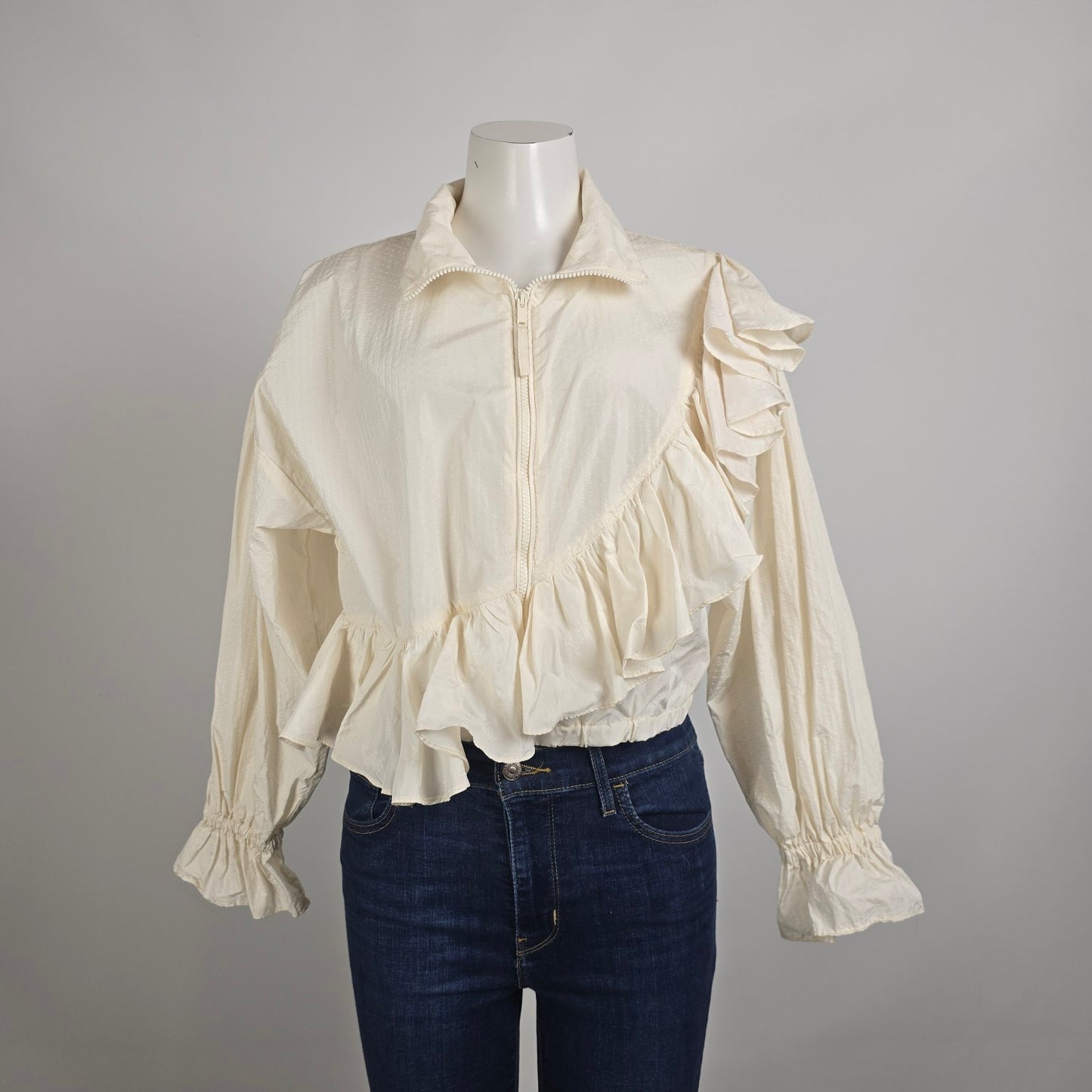 Zara Ruffle Crop Jacket Top Cream Romantic High Neck Light Jacket Size S