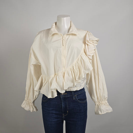 Zara Ruffle Crop Jacket Top Cream Romantic High Neck Light Jacket Size S