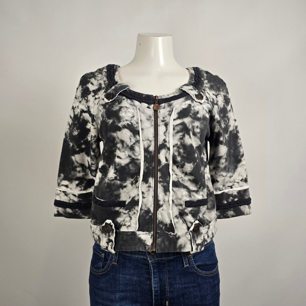 Poools Tie Dye Zip Jacket Size 8  Cropped Black White Acid Wash Short Sleeve