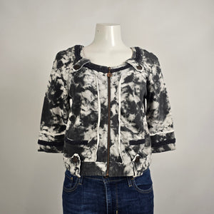 Poools Tie Dye Zip Jacket Size 8  Cropped Black White Acid Wash Short Sleeve