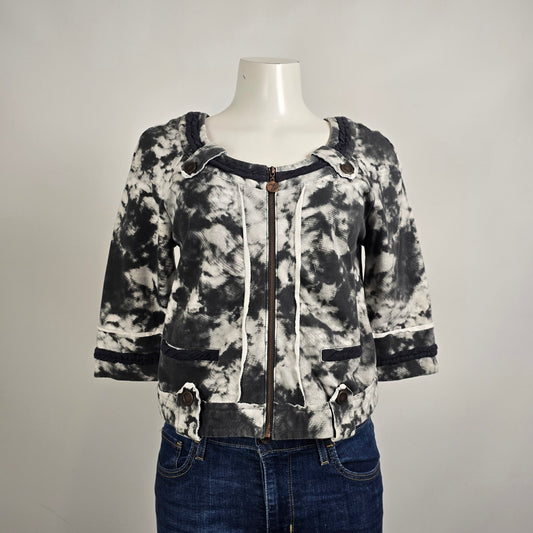 Poools Tie Dye Zip Jacket Size 8  Cropped Black White Acid Wash Short Sleeve