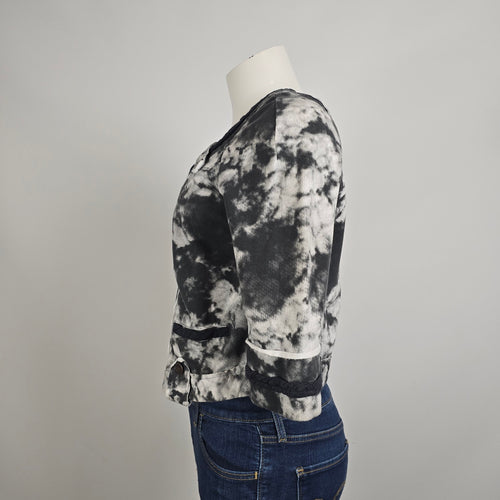 Poools Tie Dye Zip Jacket Size 8  Cropped Black White Acid Wash Short Sleeve