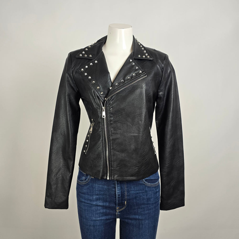 Ci Sono Studded Moto Jacket Black Faux Leather Asymmetrical Zip Size M