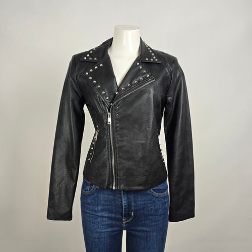 Ci Sono Studded Moto Jacket Black Faux Leather Asymmetrical Zip Size M