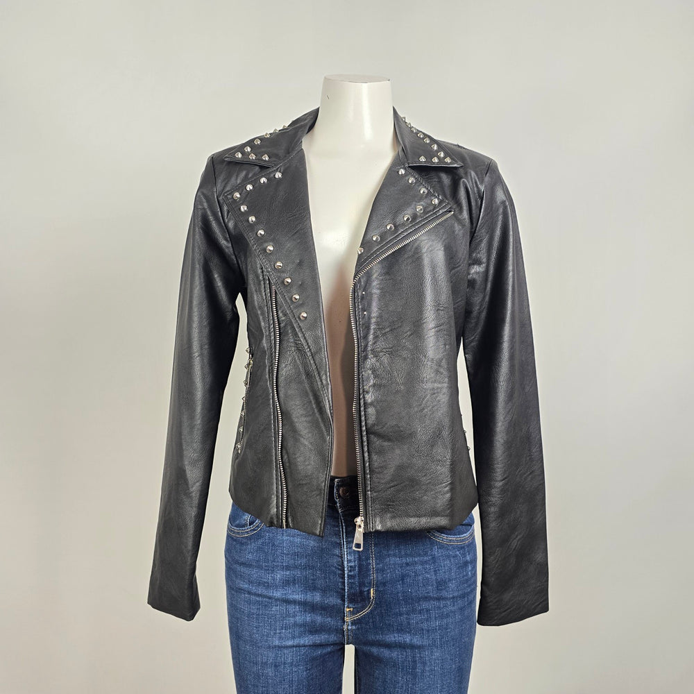 Ci Sono Studded Moto Jacket Black Faux Leather Asymmetrical Zip Size M