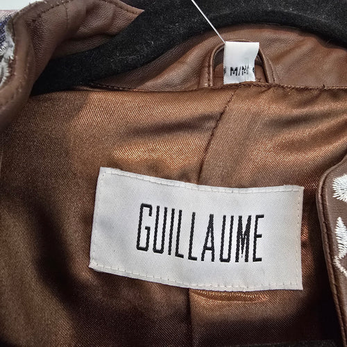 Guillaume Leather Jacket Brown Embroidered Floral Lace Detail Cropped Size M
