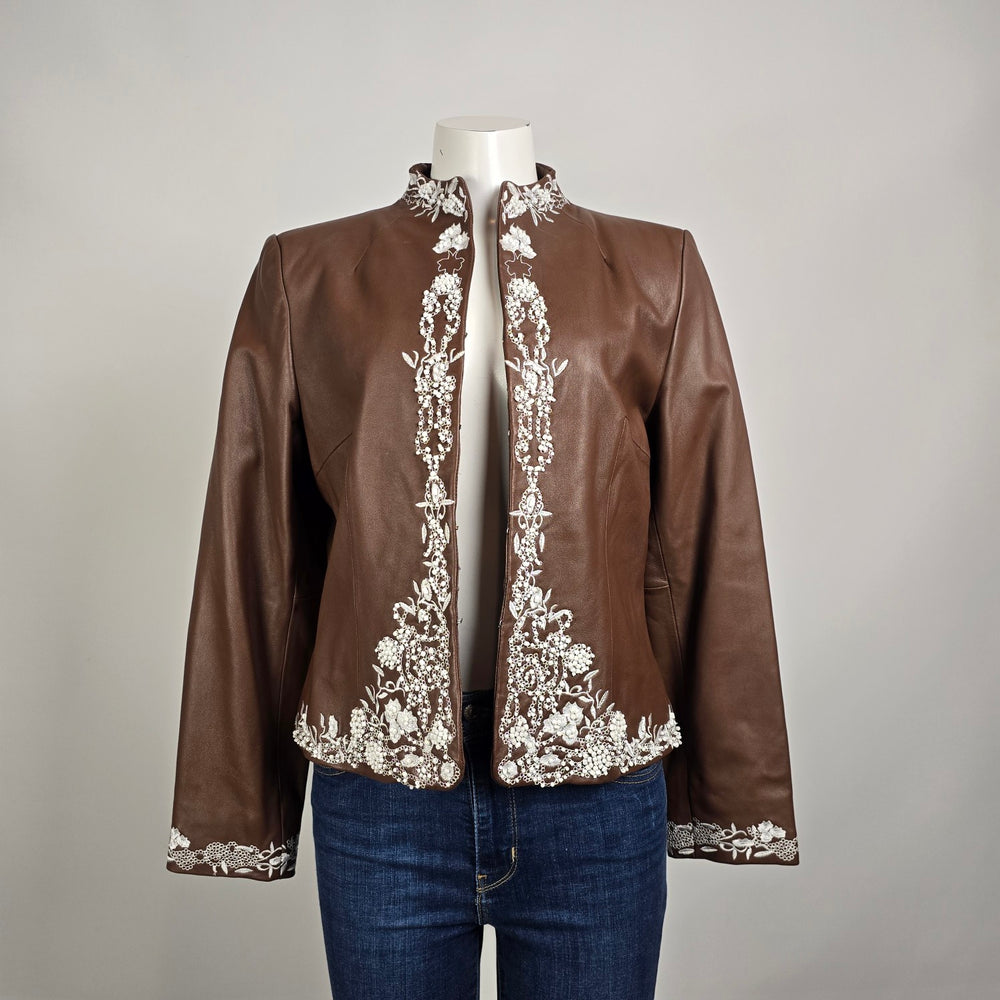 Guillaume Leather Jacket Brown Embroidered Floral Lace Detail Cropped Size M