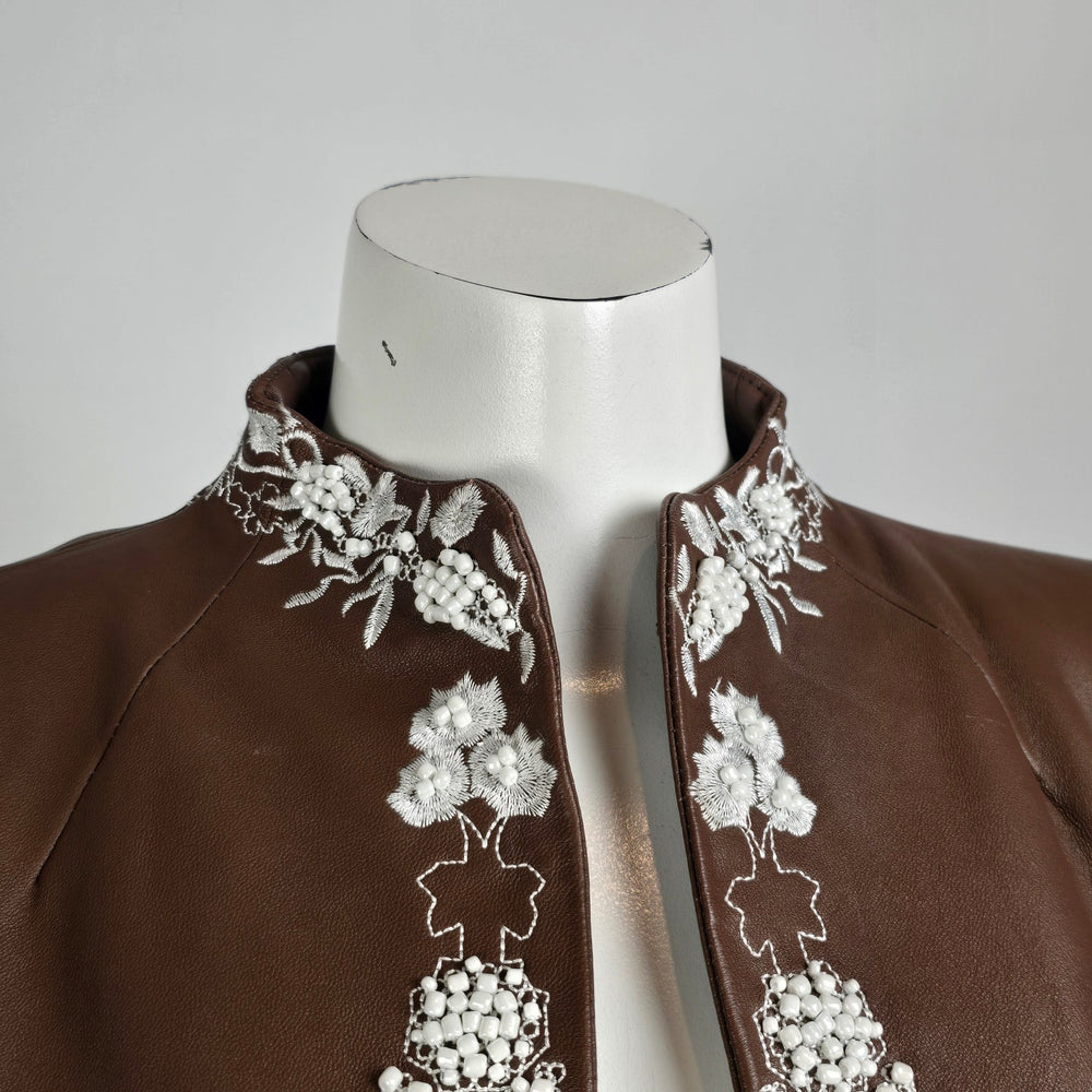 Guillaume Leather Jacket Brown Embroidered Floral Lace Detail Cropped Size M