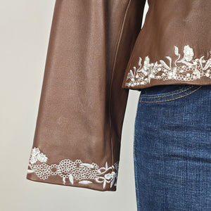 Guillaume Leather Jacket Brown Embroidered Floral Lace Detail Cropped Size M