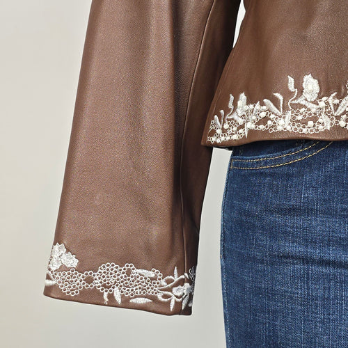 Guillaume Leather Jacket Brown Embroidered Floral Lace Detail Cropped Size M