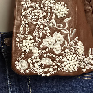 Guillaume Leather Jacket Brown Embroidered Floral Lace Detail Cropped Size M