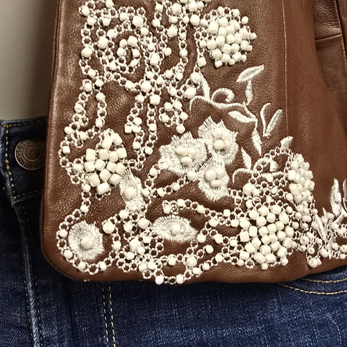 Guillaume Leather Jacket Brown Embroidered Floral Lace Detail Cropped Size M