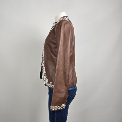 Guillaume Leather Jacket Brown Embroidered Floral Lace Detail Cropped Size M