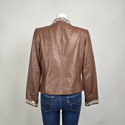 Guillaume Leather Jacket Brown Embroidered Floral Lace Detail Cropped Size M