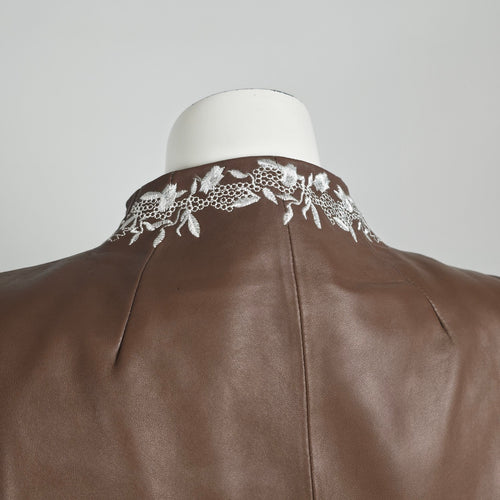 Guillaume Leather Jacket Brown Embroidered Floral Lace Detail Cropped Size M