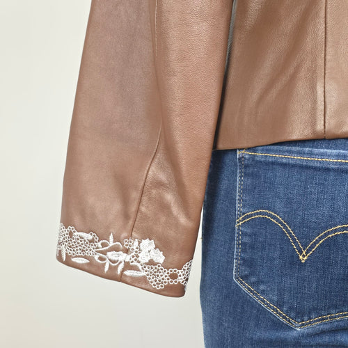 Guillaume Leather Jacket Brown Embroidered Floral Lace Detail Cropped Size M