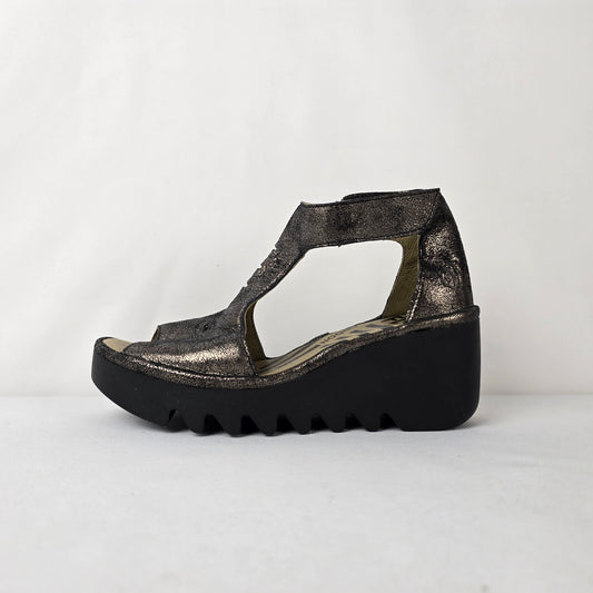 Fly London Metallic Wedge Sandals Size 6 Bronze Leather Platform Comfort
