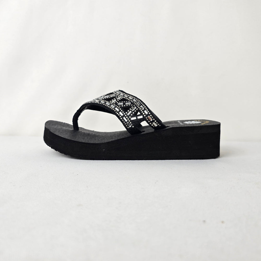 Yellow Box Black Beaded Flip Flop Wedges Size 6 Sparkle Comfort Sandals