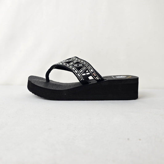 Yellow Box Black Beaded Flip Flop Wedges Size 6 Sparkle Comfort Sandals