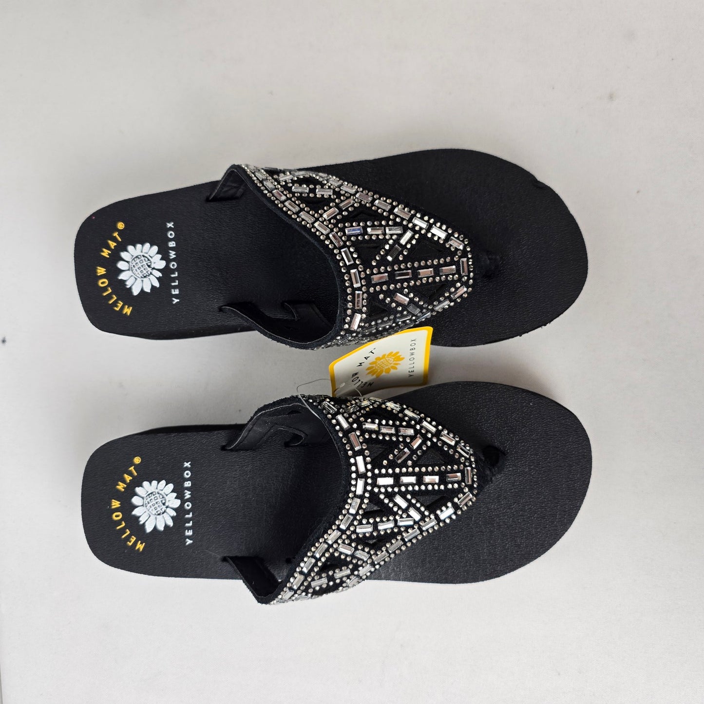 Yellow Box Black Beaded Flip Flop Wedges Size 6 Sparkle Comfort Sandals