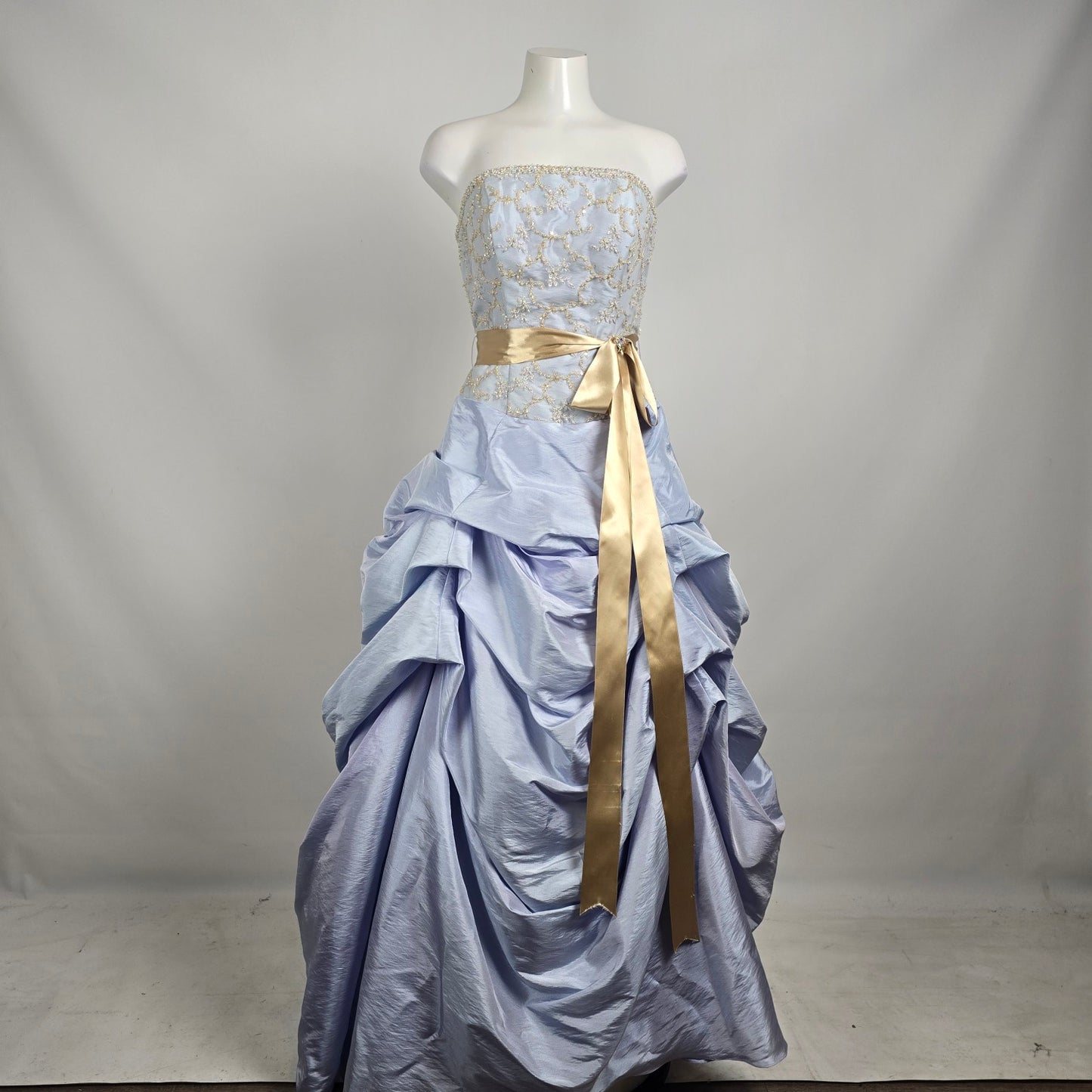 Le Gala Strapless Ball Gown Blue Gold Embroidered Formal Dress Size 10