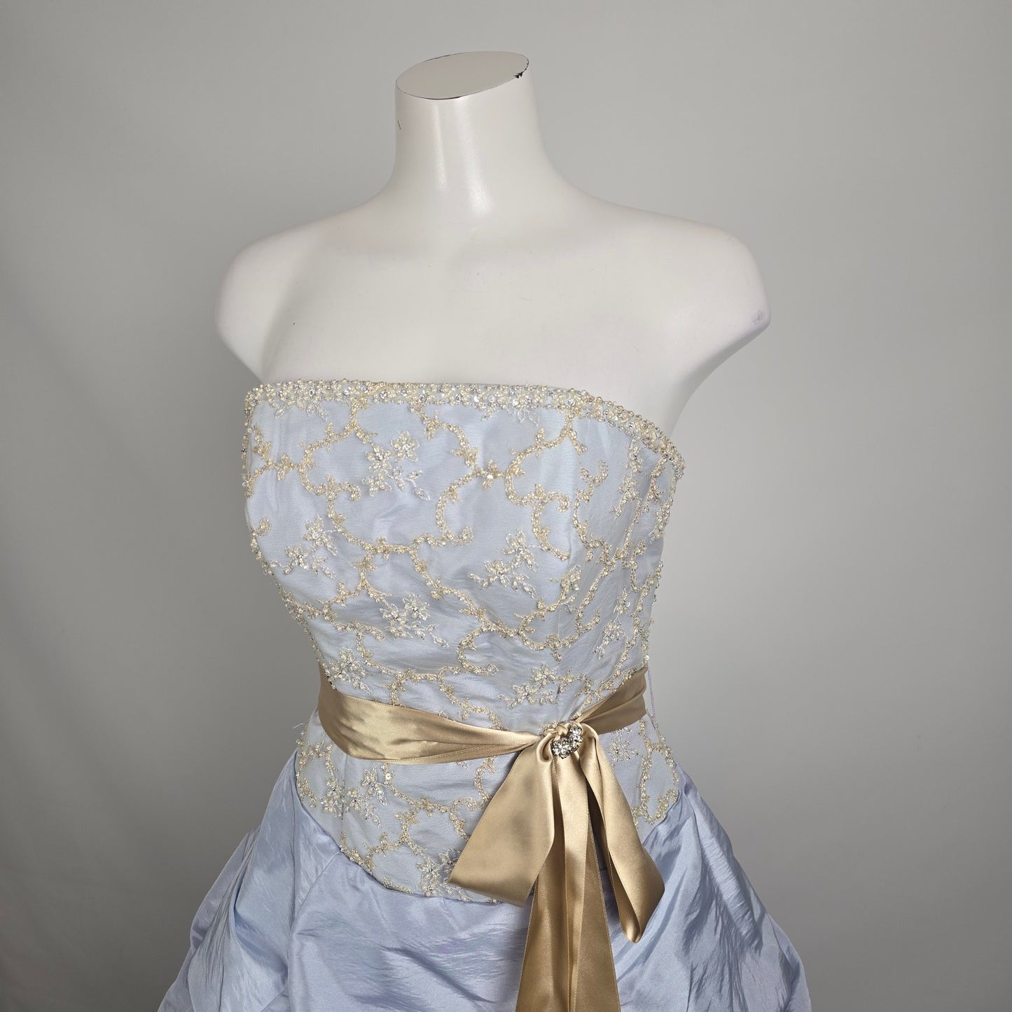 Le Gala Strapless Ball Gown Blue Gold Embroidered Formal Dress Size 10