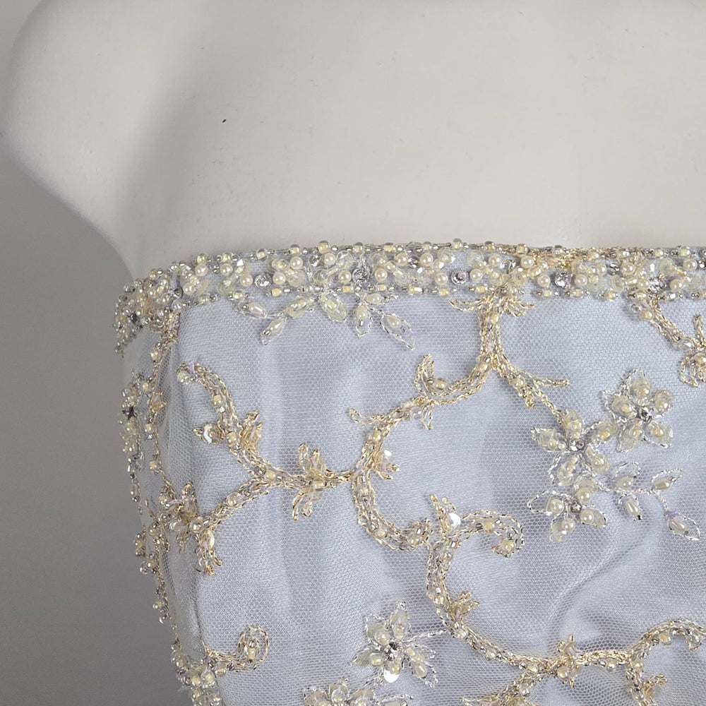Le Gala Strapless Ball Gown Blue Gold Embroidered Formal Dress Size 10