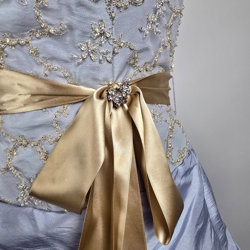 Le Gala Strapless Ball Gown Blue Gold Embroidered Formal Dress Size 10