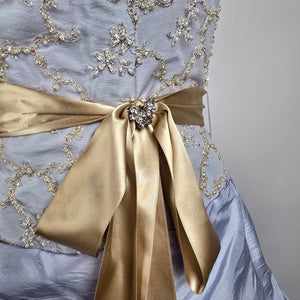 Le Gala Strapless Ball Gown Blue Gold Embroidered Formal Dress Size 10