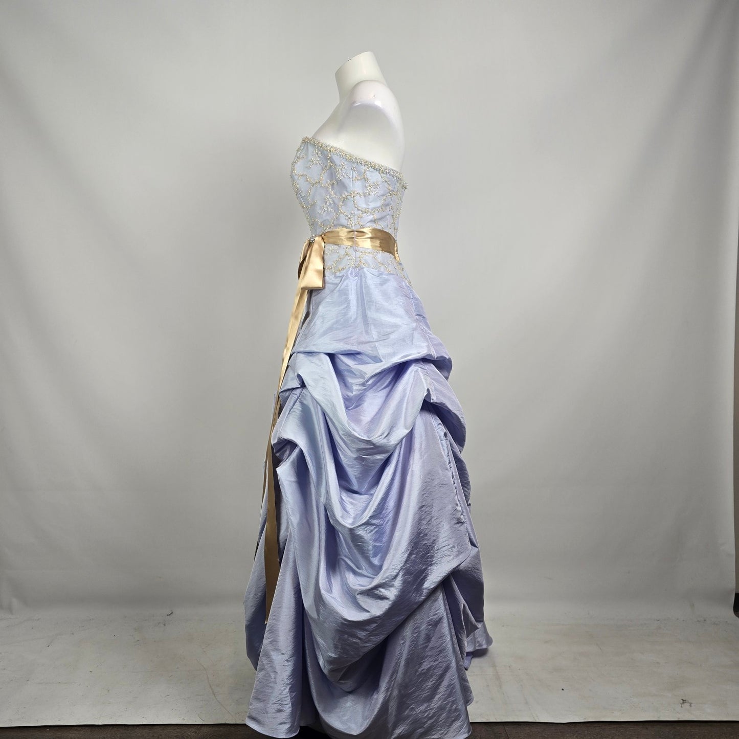 Le Gala Strapless Ball Gown Blue Gold Embroidered Formal Dress Size 10