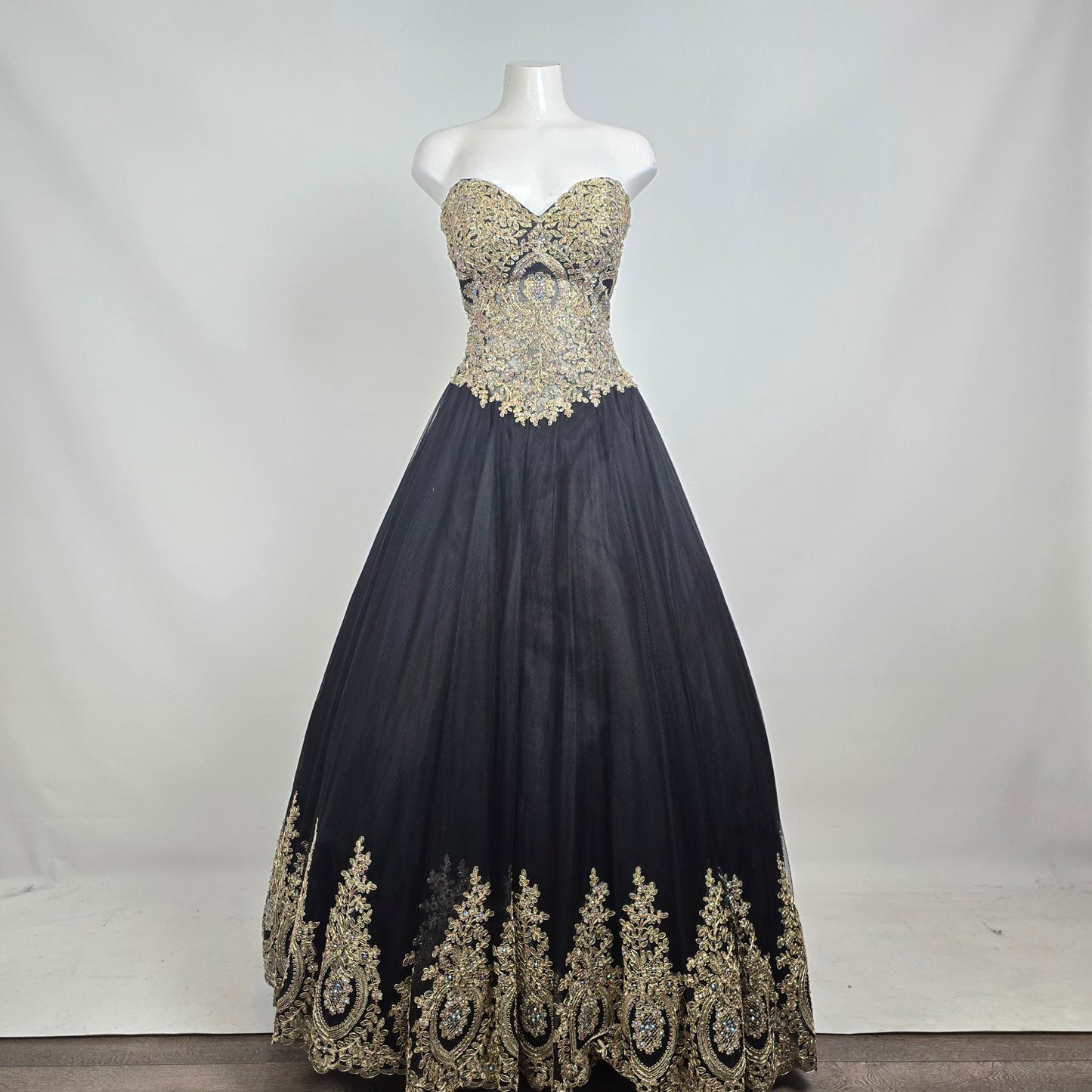 Alyce Paris Black Gold Beaded Ball Gown Strapless Formal Prom Dress Size 12