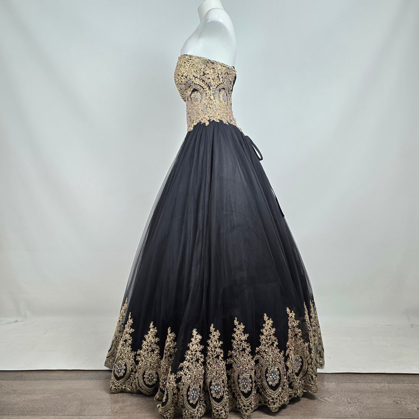 Alyce Paris Black Gold Beaded Ball Gown Strapless Formal Prom Dress Size 12