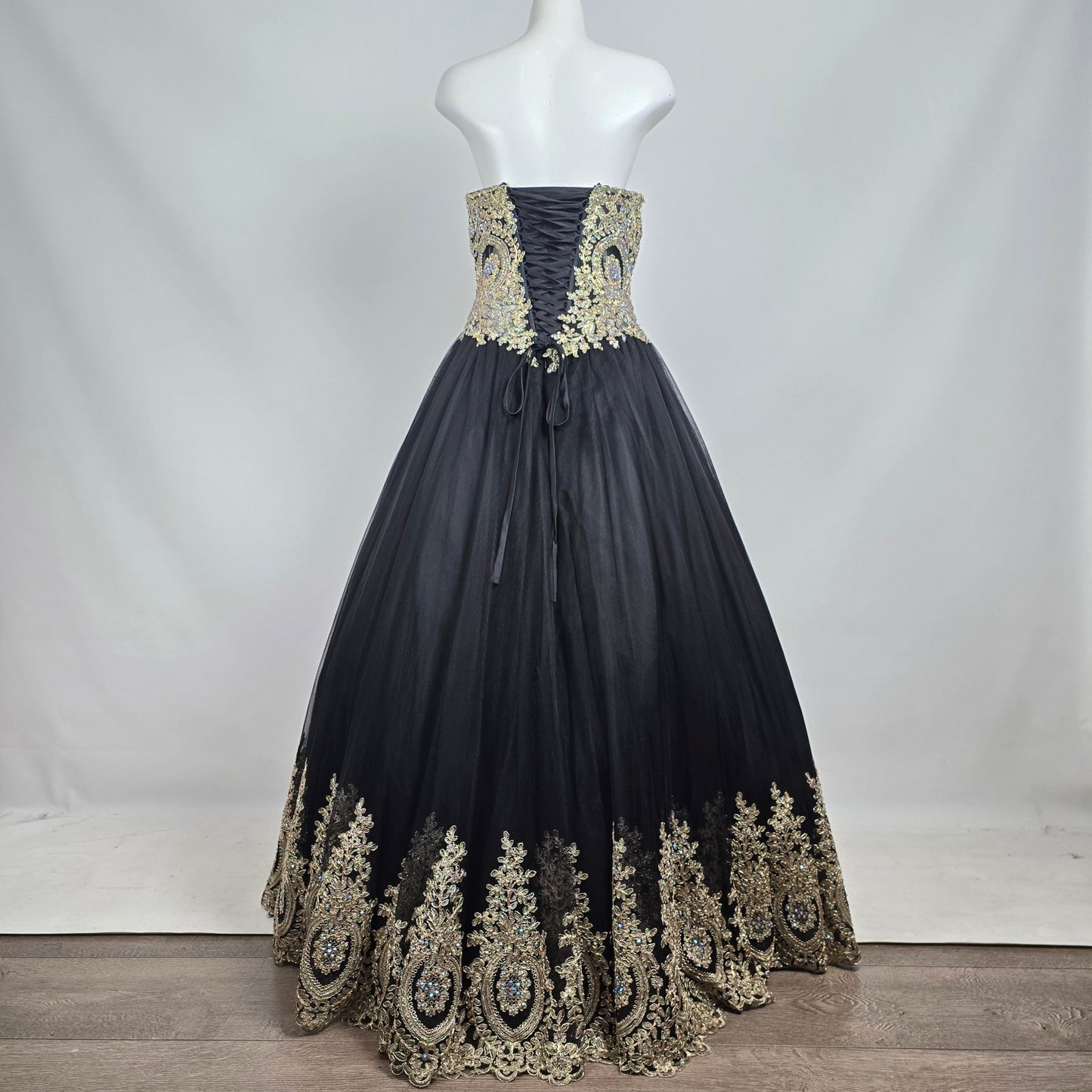 Alyce Paris Black Gold Beaded Ball Gown Strapless Formal Prom Dress Size 12