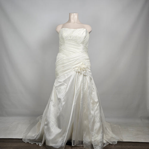 White Strapless Wedding Dress Ruched Satin Bridal Gown Train Size L/XL