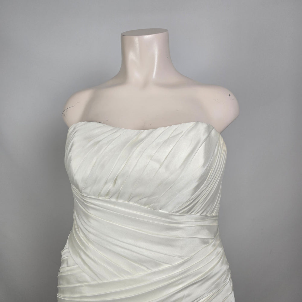 White Strapless Wedding Dress Ruched Satin Bridal Gown Train Size L/XL