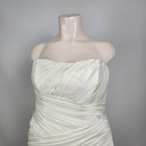 White Strapless Wedding Dress Ruched Satin Bridal Gown Train Size L/XL