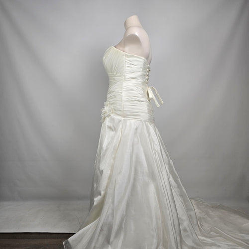 White Strapless Wedding Dress Ruched Satin Bridal Gown Train Size L/XL