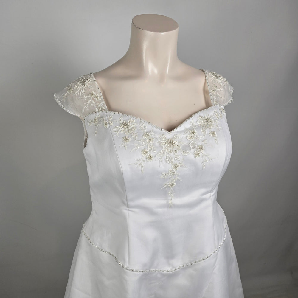 White Satin Bridal Gown Embroidered Cap Sleeve Venus Plus Size Wedding Dress 24W