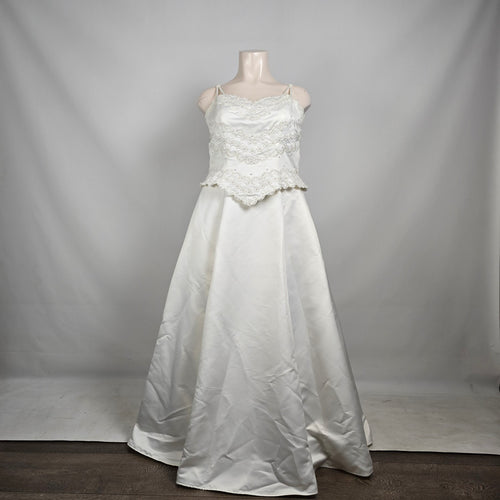 Sincerity Bridal Wedding Dress White Satin Lace Appliqué Ball Gown Train Size 20