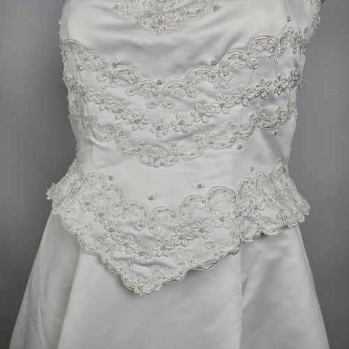 Sincerity Bridal Wedding Dress White Satin Lace Appliqué Ball Gown Train Size 20